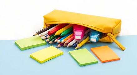 Yellow Pencil Case Overflowing With Colorful School Supplies And Sticky Notes