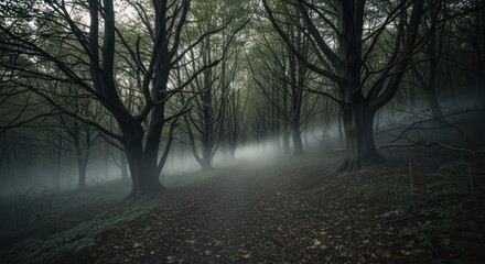Enigmatic woodland path bathed in spectral fog creates an otherworldly ambiance in nature
