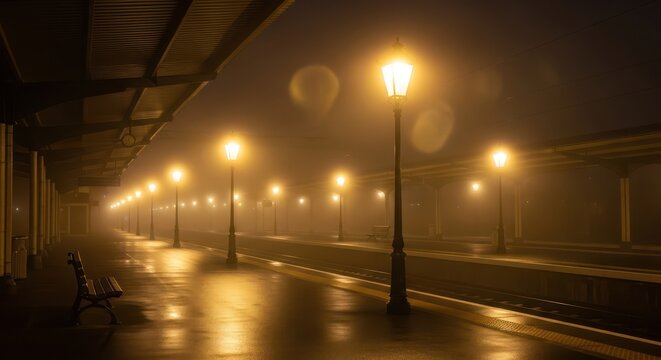 Eerie ambiance at a foggy train station at night accentuated by glowing street lamps creating a