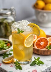 Fototapeta premium Icy lemonade with mint and citrus slices on summer table setting drink, umbrella, cocktail, summer 