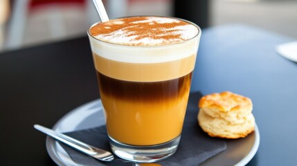 Creamy coffee beverage with layered espresso and biscuit on table