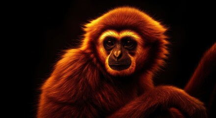 Enigmatic gibbon portrait with striking contrast in the depths of the rainforest