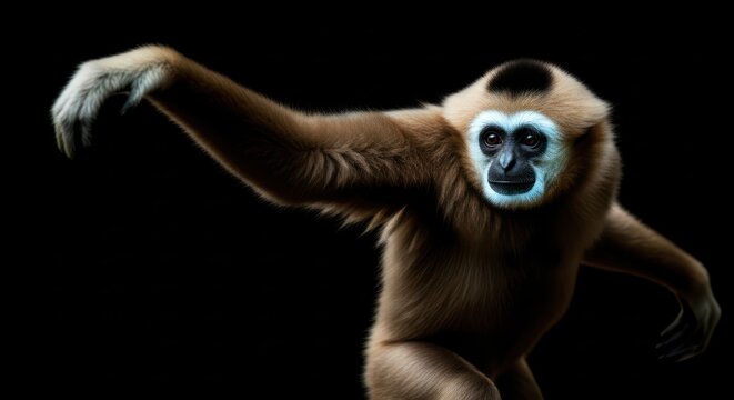 Elegant gibbon portrait set against a stark black backdrop highlighting its graceful movement