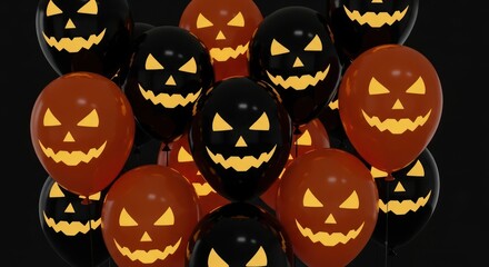 Spooky season smiles: A collection of vibrant Halloween balloons with glowing carved faces