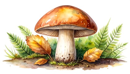 A detailed watercolor illustration of a vibrant, earthy mushroom nestled amidst autumnal foliage.