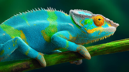 Obraz premium Brilliant chameleon perched tropical branch, eye-catching vivid color, detailed animal, exotic