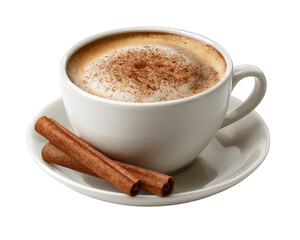 Warm and cozy cappuccino coffee drink in white cup, topped with delicious cinnamon foam. This brown aromatic beverage with spice sticks offers comforting moment