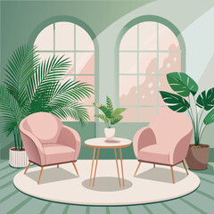Stylish living room with pink chairs and tropical plants