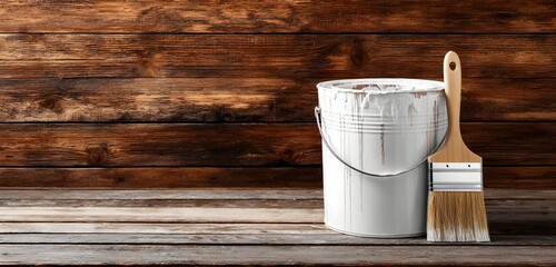 Ready to Renovate Fresh White Paint Can and Brush on Rustic Wood Surface Inspires DIY Projects and Creative Home Decor Ideas for Modern Interiors