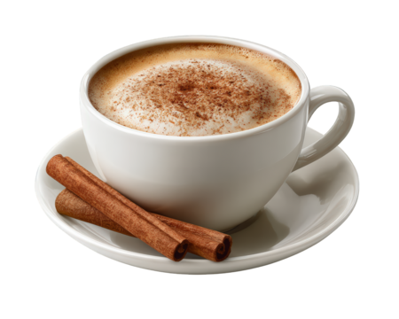Warm and cozy cappuccino coffee drink in white cup, topped with delicious cinnamon foam. This brown aromatic beverage with spice sticks offers comforting moment
