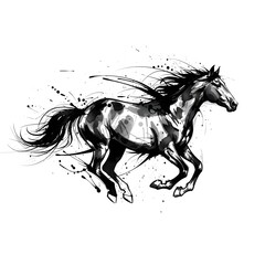 Dynamic Black and White Running Horse Illustration in Artistic Style for Creative and Decorative Use