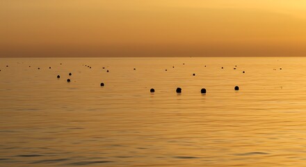 Sunset over calm water with floating buoys silhouetted against golden sky