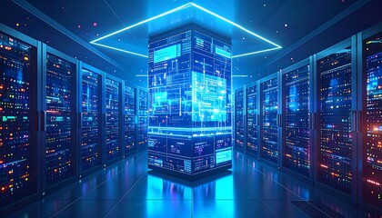 Fototapeta premium Futuristic server room with glowing displays