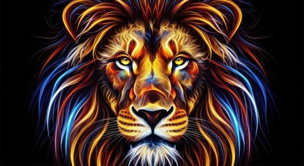 Radiant digital lion illustration with vibrant colors and intense stare on black background