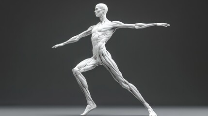 Anatomical figure in dynamic pose, gray background, study of human musculature