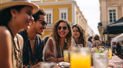 Friends Enjoying Drinks and Social Gathering at Festival Internacional Cervantino Outdoor Street Celebration in Guanajuato Mexico with Music, Food, and Cultural Atmosphere