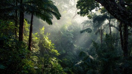 Lush Tropical Rainforest with Sunbeams Filtering Through Dense Foliage