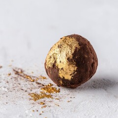 Luxurious Chocolate Truffle with Edible Gold Leaf and Cocoa Powder on a White Surface