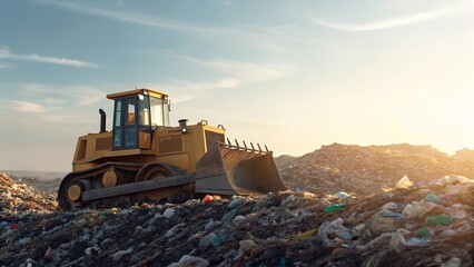 Obraz premium Bulldozer pushing and leveling heaps of garbage at a landfill site under bright daylight sky, representing heavy machinery, waste management, and environmental sustainability concepts