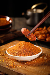 Ground chili pepper powder in bowl with spoon for hot sauce and spice base preparation