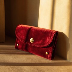 Luxurious Red Velvet Clutch with Golden Accents, Shadow Play.