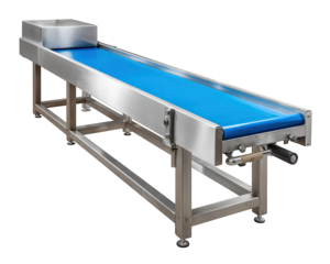 Industrial conveyor belt machine with blue belt for production line. This automation equipment for factory shows modern manufacturing technology and an efficient workflow