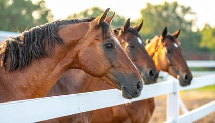 Naklejka premium Generated image close-up of beautiful Arabian horses behind white fence, elegant brown stallions with glossy coats, outdoor stable setting, equestrian lifestyle.