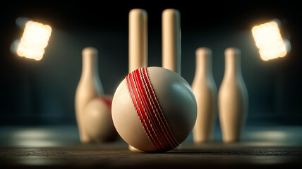 Indoor cricket ball with wickets and bowling pins for the perfect shot