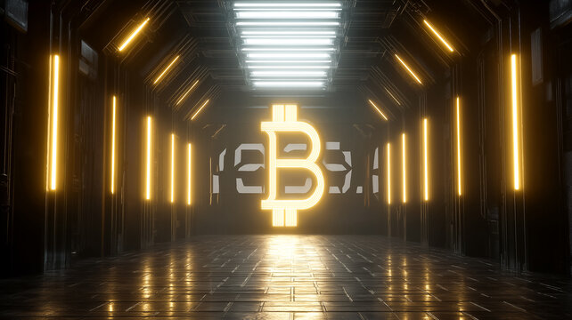 Futuristic Bitcoin Hallway Glow Price Chart Cryptocurrency Digital Currency Investment - Powered by Adobe
