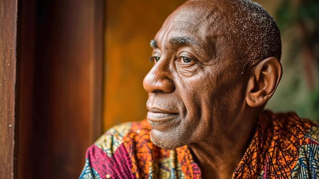 Elderly man thoughtful expression colorful shirt window light deep wrinkles African descent indoor peaceful mood natural light close up wisdom