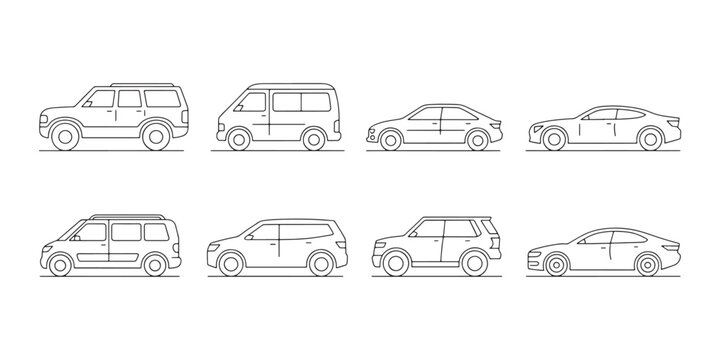 Set of different car body types in minimalist line art style
