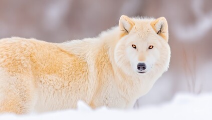 Obraz premium Pale cream-colored wolf in snowy winter forest