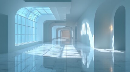 Minimal futuristic hallway interior with large glass panels, smooth white flooring and striking geometric light patterns, wide empty space perfect for corporate presentation backgrounds.