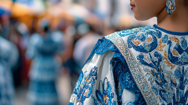 Elegant Mexican woman in traditional embroidered blue dress at Festival Internacional Cervantino, representing cultural heritage, folklore, art, fashion, and historic traditions in Guanajuato streets.