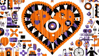 Heart-shaped graphic with intricate machine-like details, surrounded by various small icons,  in orange, purple, and black