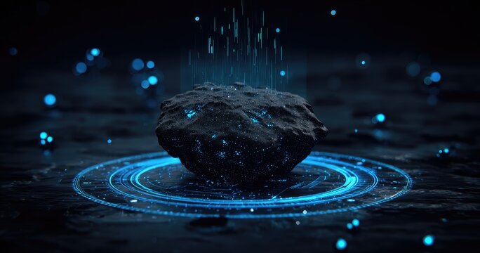 Dark rock, glowing blue energy circles, digital patterns,  surreal, futuristic scene