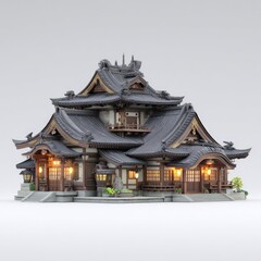 Fototapeta premium A detailed, multi-storied, traditional Japanese building with intricate roof details and warm lighting.