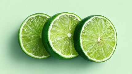 Three lime slices stacked, vibrant green,  against a soft mint backdrop