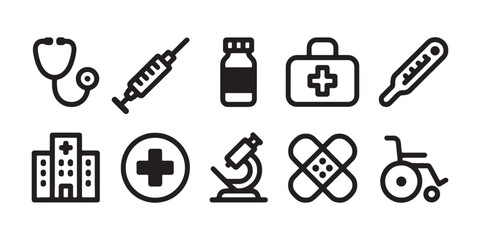 Medical Icons Healthcare Symbols and Clinic Elements in Black Outline Style