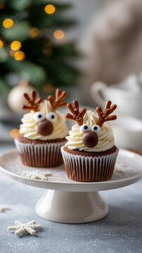 Christmas cupcakes decorated as reindeer with cream frosting and pretzel antlers