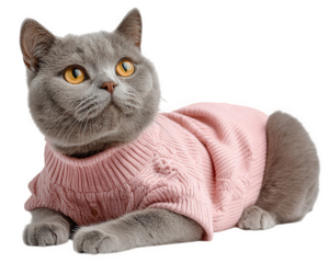 Adorable gray cat in pink sweater lying down. cute British Shorthair domestic animal with calm, curious expression, wearing cozy fashion for warmth and style