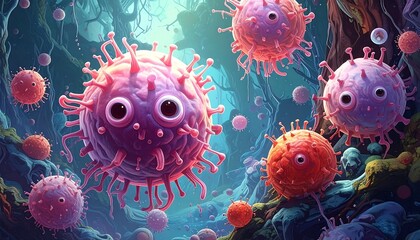 A vibrant illustration showcases numerous stylized viruses, depicted in a whimsical forest-like environment, with a range of colors, emphasizing their unique forms and expressions.