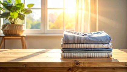 Folded clothes on wooden table sunlight