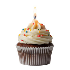 Delicious chocolate cupcake with white frosting and candle isolated on transparent background