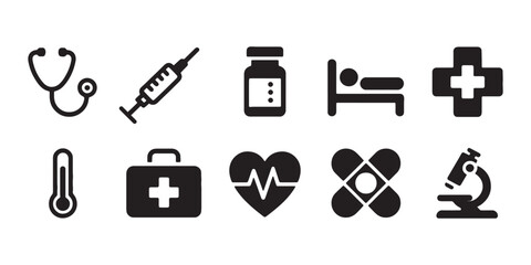 Medical icons set including stethoscope syringe pills bed and microscope