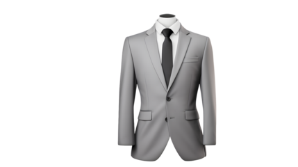 Gray suit with black tie and white shirt on transparent background