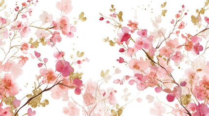 Obraz premium Delicate watercolor painting of blooming pink cherry blossom branches