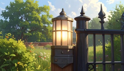 A vintage-style wrought iron fence post with a lit lantern, showcasing a tranquil garden scene under a sunlit sky.