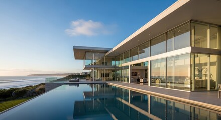 Fototapeta premium A modern architectural masterpiece overlooking the ocean with an infinity pool design