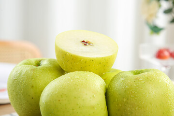Fresh Green Apples with Water Droplets Cut Half Kitchen Counter Healthy Fruit Food Photography